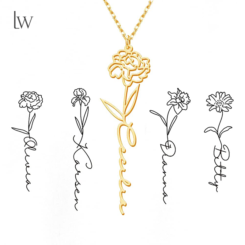 Birth Flower Necklace - Personalisierte Geburtsblumen-Namenskette, individuelle Namenskette, Anhänger, 18,